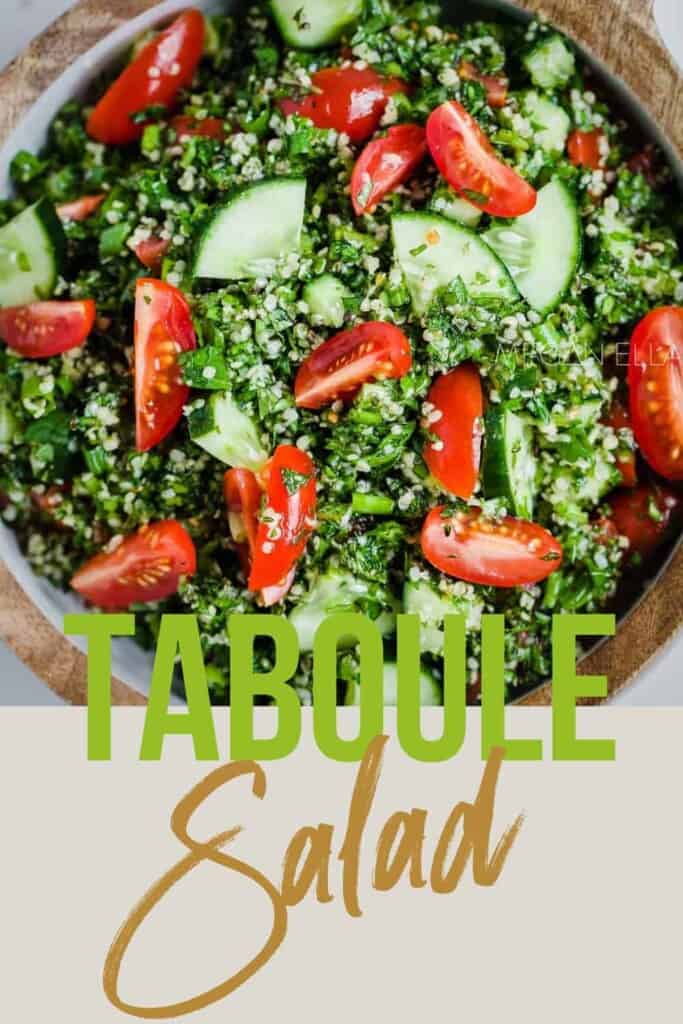 a tabouli salad on a Pinterest banner.