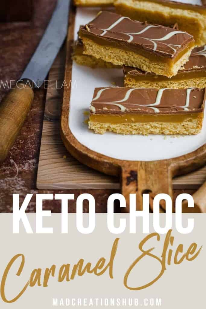 Keto Chocolate Caramel bars on a white platter.