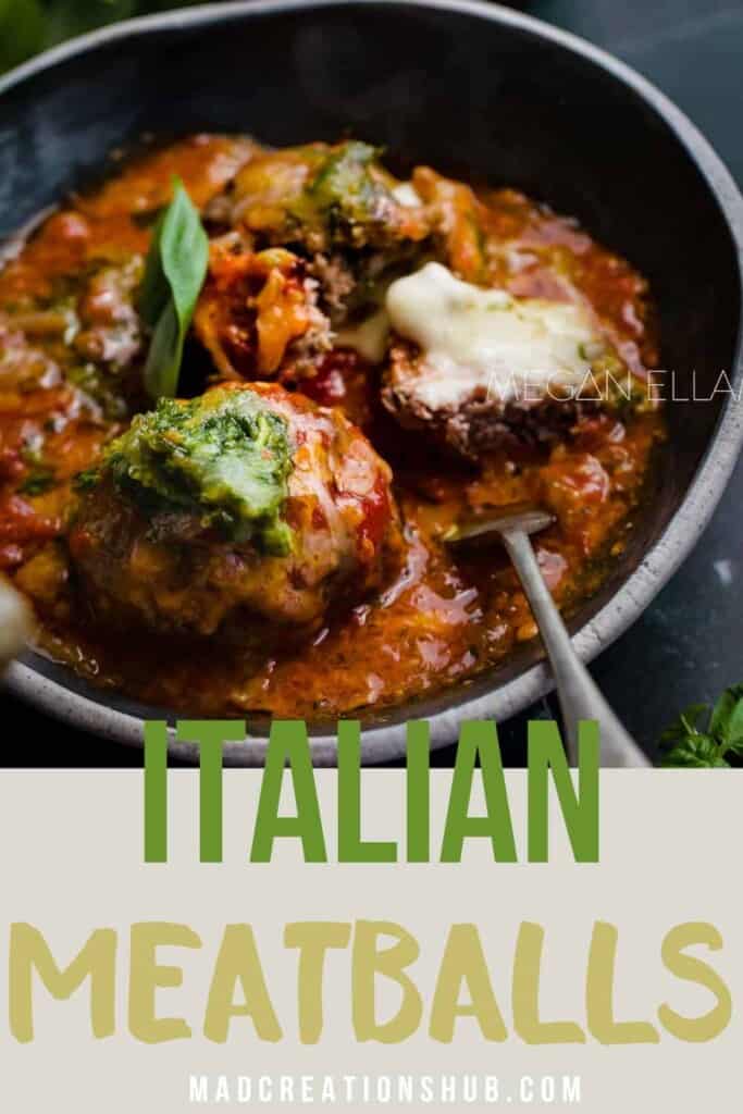A bowl with two Italian meatballs in sauce inside.