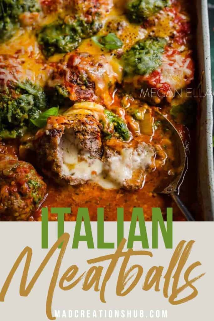 Italian meatballs in a baking tray on a Pinterest banner.