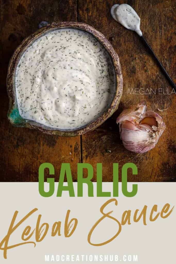 Kebab sauce in a bowl with garlic and a spoon on a pinterest banner.