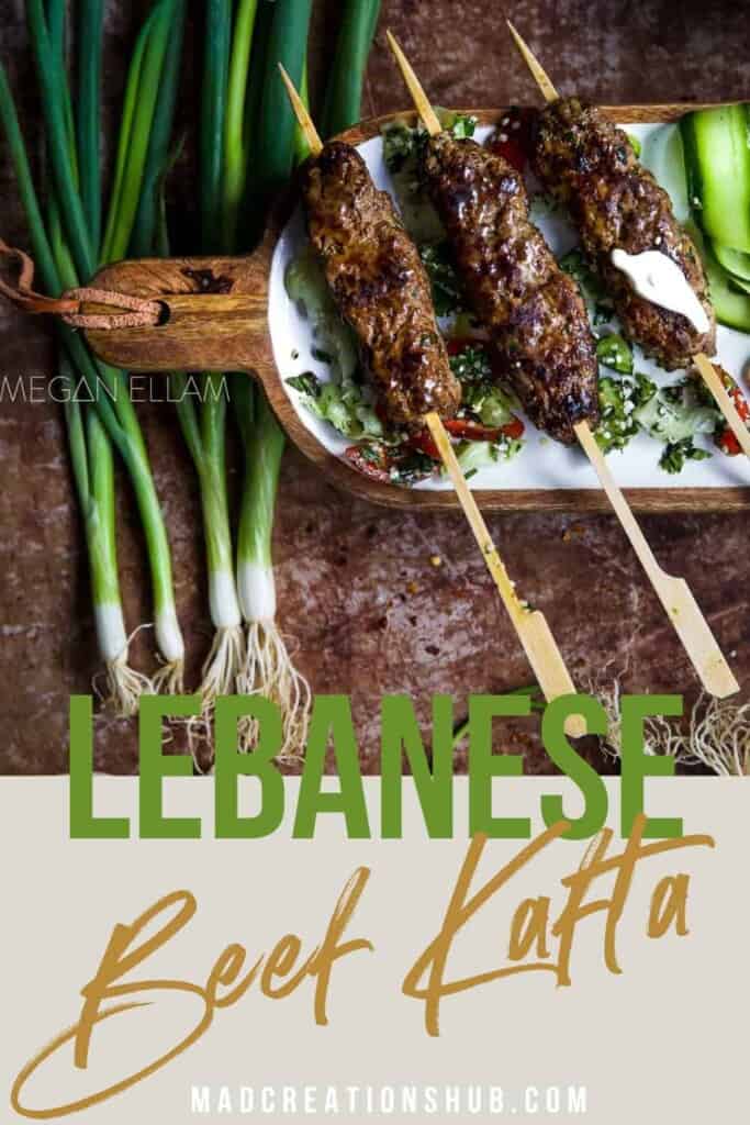 A Lebanese kefta kebab platter on a Pinterest Banner.