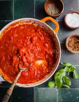 Napoli Sauce (Salsa Pomodoro) in a large frying pan with herbs and spices around it.