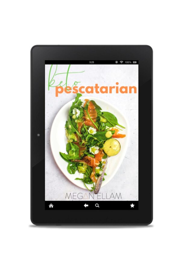 Keto Pescatarian eBook by Megan Ellam eBook on a white tablet.