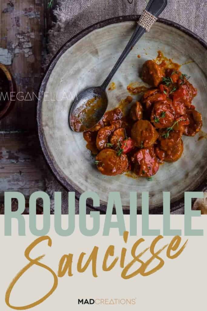 Rougaille Saucisse in a brown bowl on a Pinterest banner.