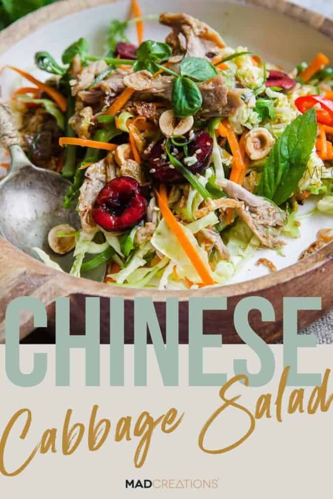 Chinese Cabbage Salad in a brown and white bowl on a Pinterest banner.