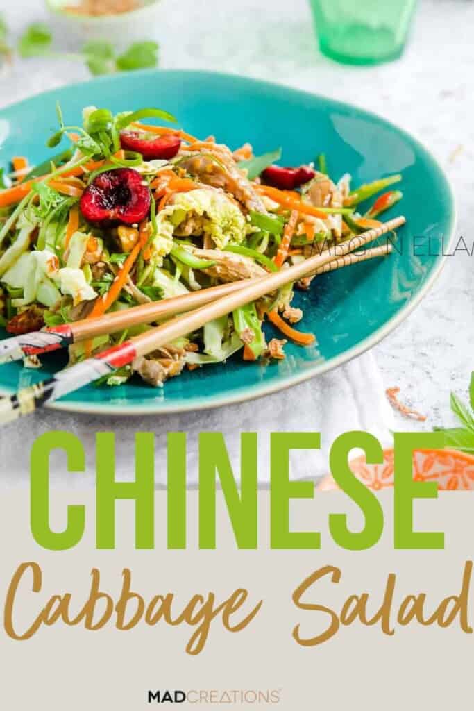 Chinese Cabbage Salad on a green plate on a Pinterest banner.