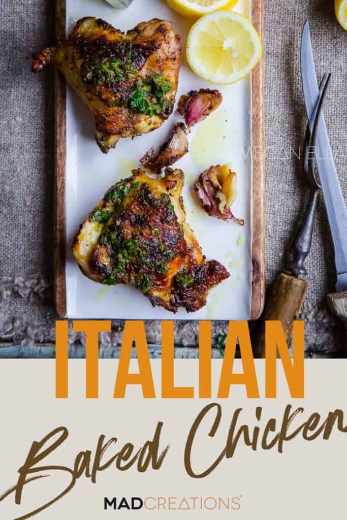 Baked Italian Chicken on platter Pinterest banner.
