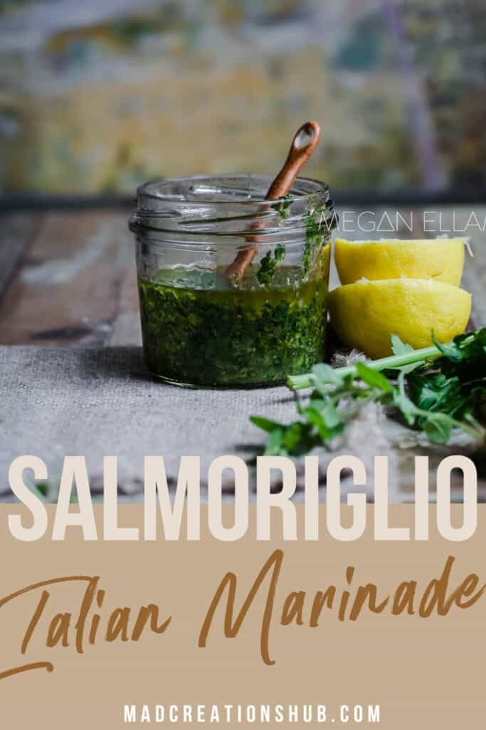 Salmoriglio marinade in a jar on a brown napkin on a Pinterest banner.
