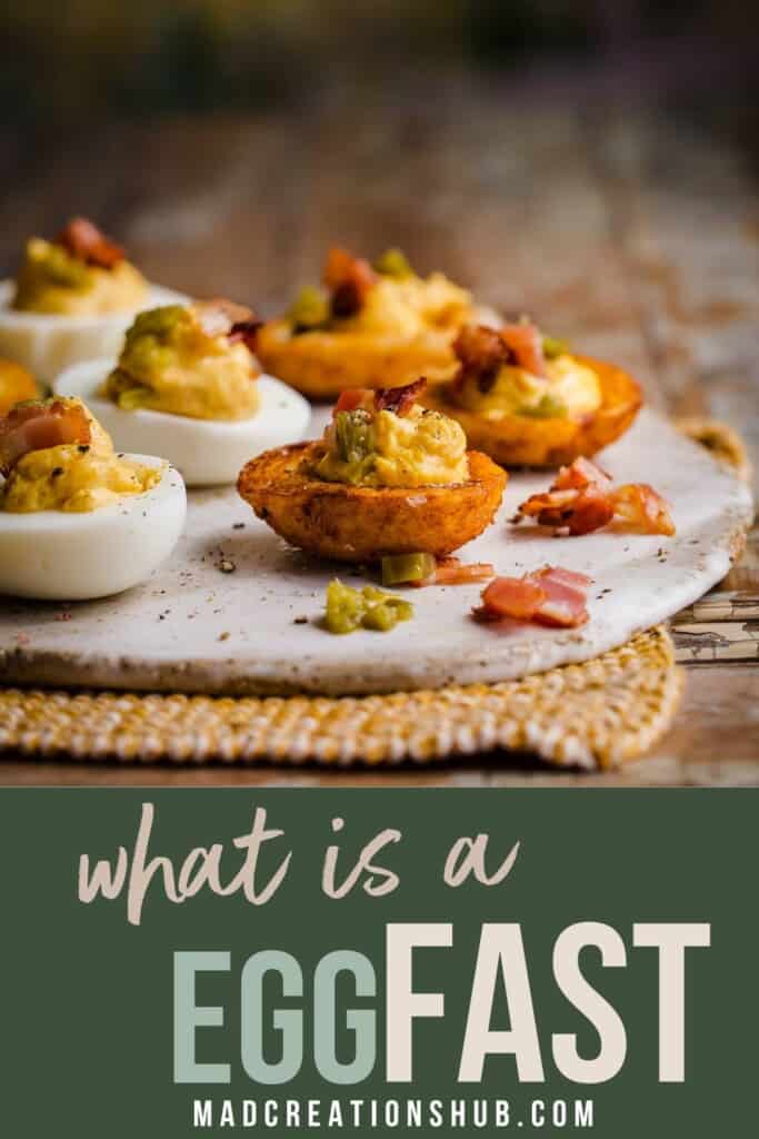 What is an Egg Fast Pinterest banner with devilled eggs on a qhite plate.