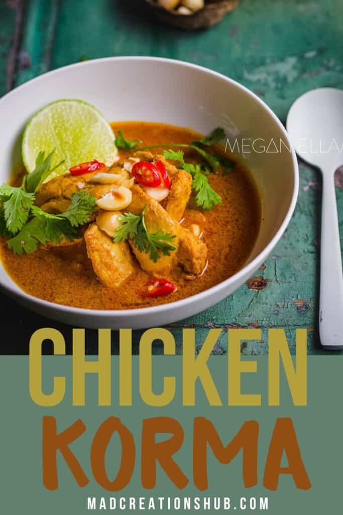 A bowl of chicken korma masala on a Pinterest banner.