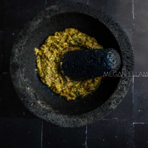 Panang Curry Paste in a black mortar and pestle.