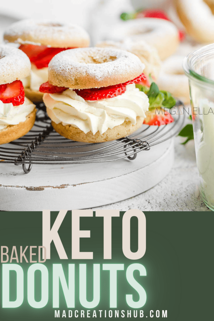 Keto donuts Pinterest Banner with cream filled donuts with berries up super close.
