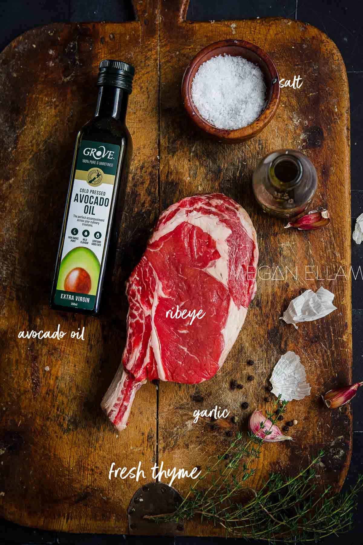 Côte de Boeuf ingredients laid out on a cutting board and labelled.