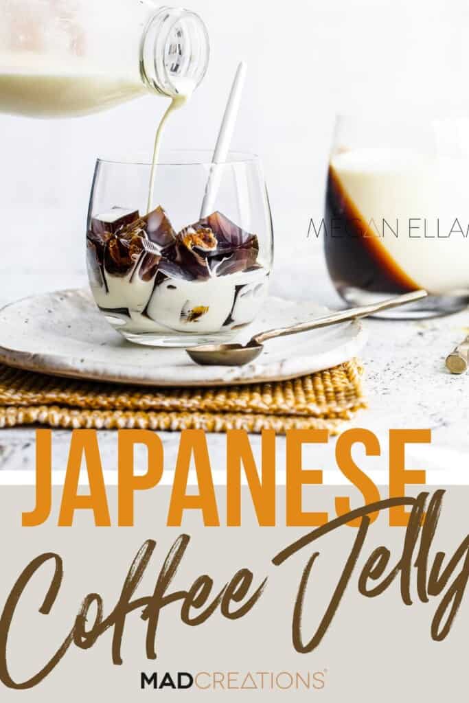 Japanese coffee jello in a glass with keto milk on a Pinterest banner.