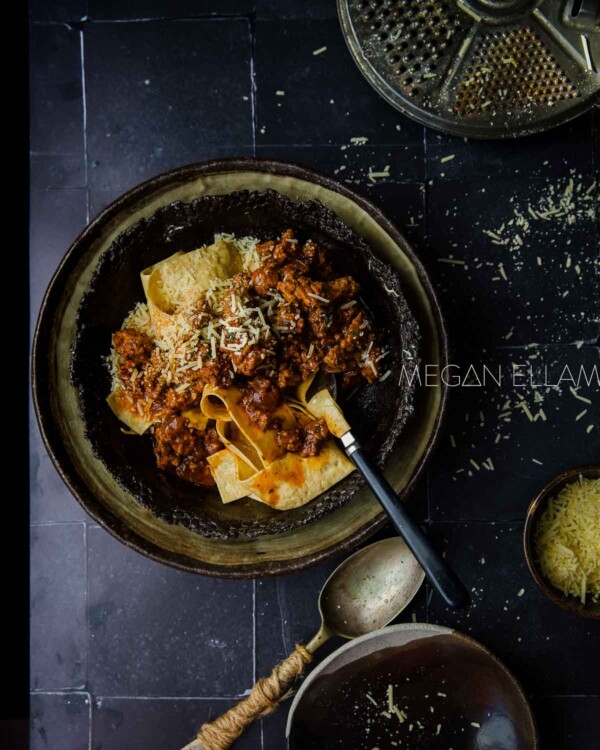 A black bowl with keto beef Bolognese in it.