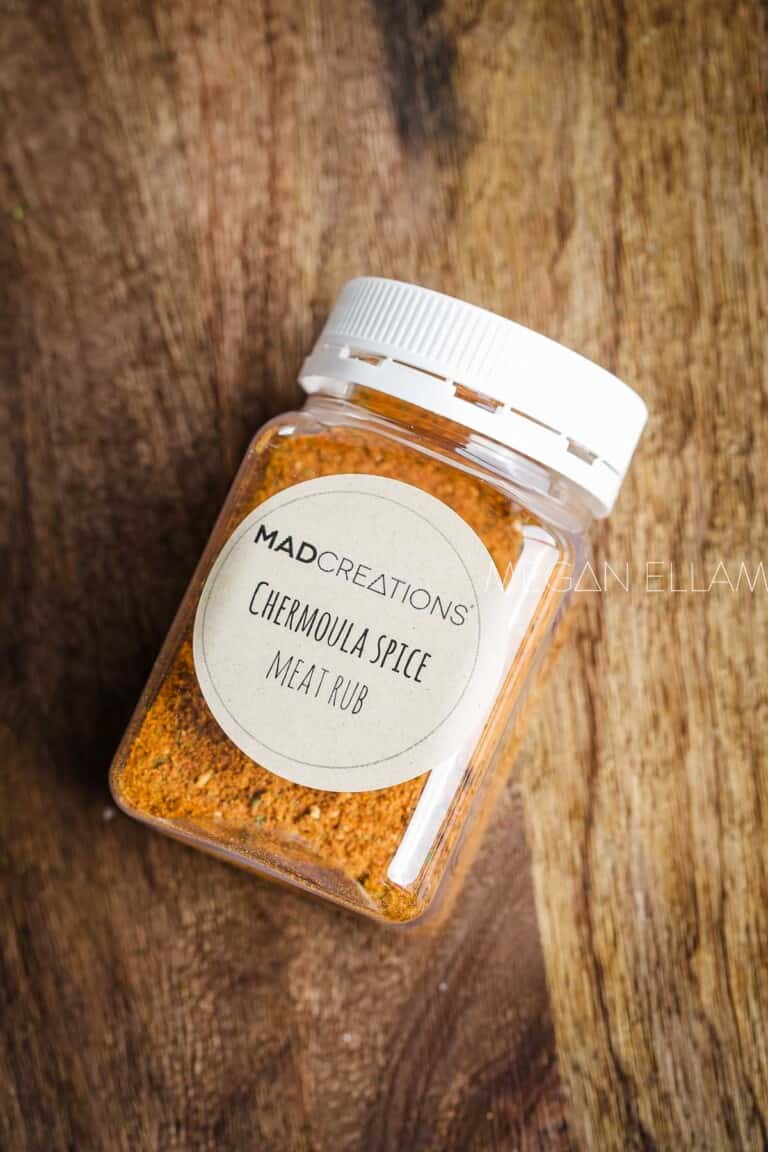 Chermoula Spice Blend meat rub in a jar with a label on it.
