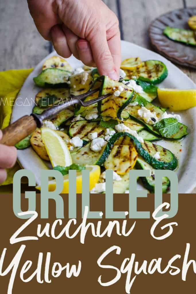 Grilled Zucchini and Yellow Squash ingredients on a wood background with labels for each ingredient on a fork on a Pinterest banner.