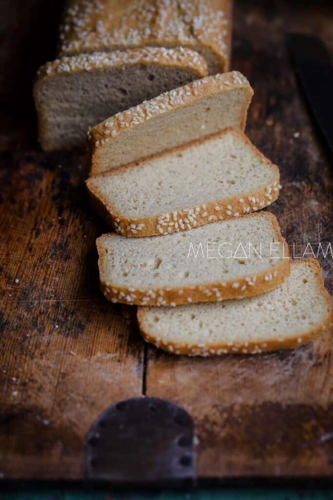 A keto loaf of bread cut into slices.