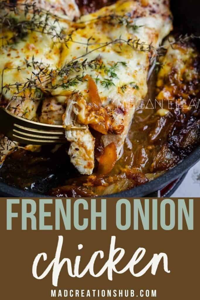French Onion Chicken up close on a fork on a Pinterest banner.
