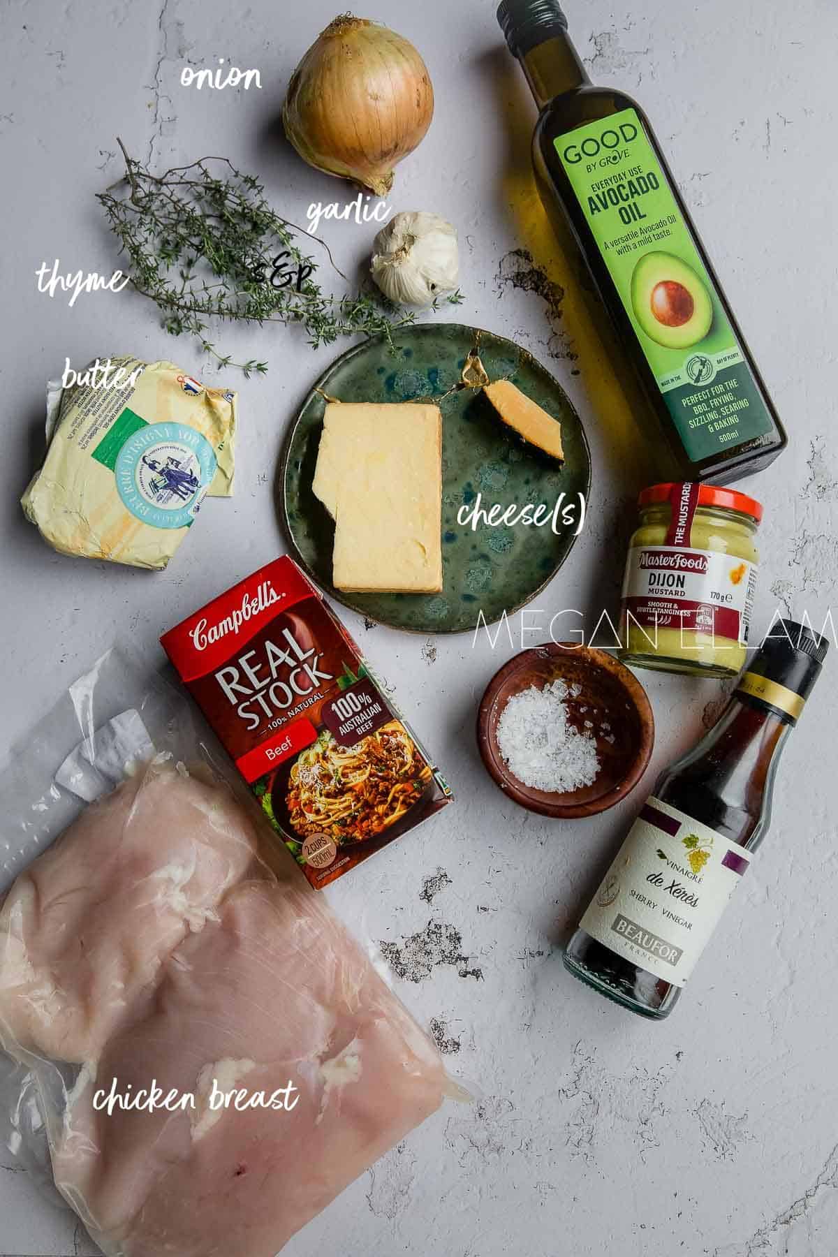 The ingredients for keto French Onion Chicken  laid out and labelled.